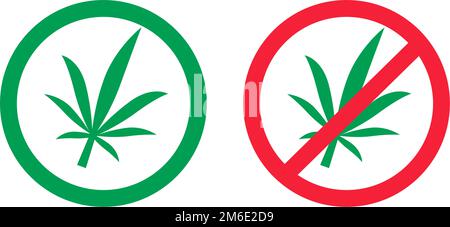 Symbolgruppe Cannabiskonsum erlaubt und Cannabiskonsum verboten. Cannabis ist legal und Cannabis illegal. Marihuana. Bearbeitbarer Vektor. Stock Vektor