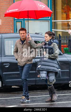 LONDON, Vereinigtes Königreich - APRIL 29 2014: Jeremy Renner wird beim Film Mission Impossible in Central London gesichtet Stockfoto