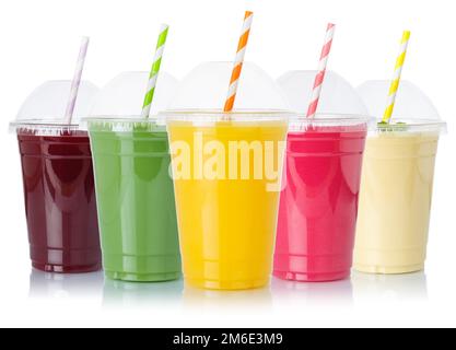 Sammlung von FruchtsaftSmoothies Früchte Orangensaft Strohgetränke in Tassen isoliert auf weiß Stockfoto