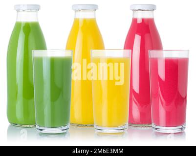 Fruchtsaftsammlung frische Smoothies Obst Orangengetränk Glas und Flasche isoliert auf Weiß Stockfoto