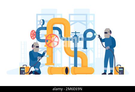 Schweißgeräte schweißen Rohre. Man-Schweißleitung. Arbeiter mit metallbearbeitenden Geräten. Arbeiter in Uniform. Industriebau. Leute reparieren Leitungen und Stock Vektor