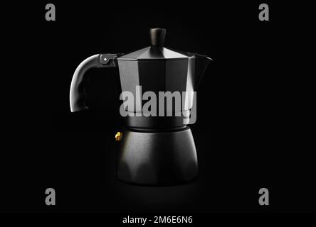 Schwarzer Geysirkaffeemaschine isoliert auf Schwarz Stockfoto