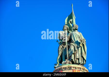 Die Jan Breydel und Pieter de Coninck Statue in Brügge, Belgien Stockfoto