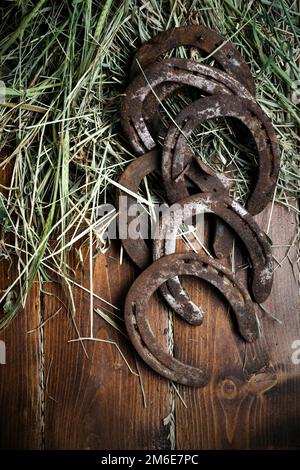 Equesrtian Hintergrund. Lucky alte Hufeisen an Holz- Hintergrund. Stockfoto