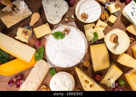 Verschiedene Käsesorten. Käseplatte mit verschiedenen Käse, mit Trauben, Nüssen, Käsemesser und Gewürzen, Holzhintergrund Kopierraum Stockfoto