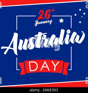 „Happy Australia Day“-Grußkartenkonzept. Schriftzug im handgeschriebenen Stil, Herz und australische Flagge. Isolierte Elemente. Posterdesign. Grafikvorlage. Stock Vektor