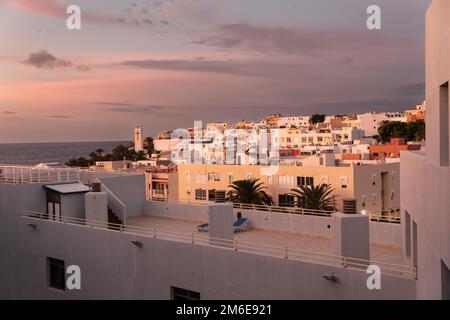 Hotels in Morro Jable bei Sonnenaufgang auf Fuerteventura, Spanien Stockfoto