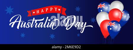 Happy Australia Day Internet-Banner mit kalligrafischer Schrift, australischer Flagge und 3D Ballons. Isoliertes Design. Grußkartendesign. Grafikvorlage Stock Vektor