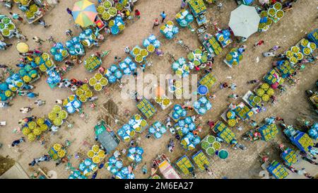 Rajshahi, Rajshahi, Bangladesch. 4. Januar 2023. Die Bauern radeln, um Mangos auf den Markt zu bringen. Nach dem Pflücken der Früchte Mangoanbauer bringen sie zum Markt, indem sie zwei Körbe auf beiden Seiten ihrer Fahrräder aufhängen. Das Tragen der Ladung mit dem Fahrrad ist eine harte Arbeit, da jeder Korb im Kansat, dem größten Mangogroßmarkt in Rajshahi Division in Bangladesch, über den täglich Mangomärkte stattfinden, ca. 40kg kg Mango enthält Im Sommer. (Bild: © Mustasinur Rahman Alvi/ZUMA Press Wire) Stockfoto