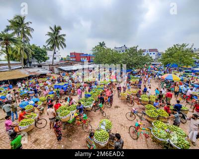 Rajshahi, Rajshahi, Bangladesch. 4. Januar 2023. Die Bauern radeln, um Mangos auf den Markt zu bringen. Nach dem Pflücken der Früchte Mangoanbauer bringen sie zum Markt, indem sie zwei Körbe auf beiden Seiten ihrer Fahrräder aufhängen. Das Tragen der Ladung mit dem Fahrrad ist eine harte Arbeit, da jeder Korb im Kansat, dem größten Mangogroßmarkt in Rajshahi Division in Bangladesch, über den täglich Mangomärkte stattfinden, ca. 40kg kg Mango enthält Im Sommer. (Bild: © Mustasinur Rahman Alvi/ZUMA Press Wire) Stockfoto