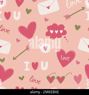 Nahtloses Muster mit roten Herzen, Liebeserklärungen und mehr. Hintergrund zum Valentinstag mit Symbolen von Liebe, Romantik und Leidenschaft. Stock Vektor