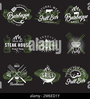 Vektorset mit klassischen Barbecue-Emblemen, Logos, Abzeichen und Etiketten Stock Vektor