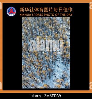 Peking, China. 4. Januar 2023. XINHUA SPORTFOTO DES TAGES, AUSGESTELLT AM 4. JANUAR 2023. Luftaufnahme vom 4. Januar 2023 zeigt Sportler, die am Skilanglaufwettbewerb im Changchun Jingyuetan International Vasaloppet Ski Festival in Changchun, der Hauptstadt der nordöstlichen chinesischen Provinz Jilin, teilnehmen. Kredit: Xu Chang/Xinhua/Alamy Live News Stockfoto