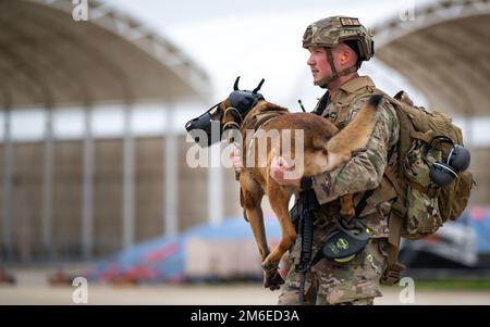 Staff Sgt. Russell Postmus, 8. Sicherheitsgeschwader, militärischer Arbeitshund (MWD) und MWD Ricky bereiten sich auf einen CH-47 Chinook Hubschrauber vor, der den USA zugeteilt ist Army Bravo Company, 3-2. General Support Aviation Bataillon, aus Camp Humphreys, Republik Korea, während einer medizinischen Evakuierungsübung K-9 auf dem Luftwaffenstützpunkt Kunsan, ROK, 26. April 2022. Die Handler setzten die MWDs allmählich den Hubschraubern aus, um sie mit den Geräuschen und Vibrationen vertraut zu machen und ihre Angst während des Fluges zu verringern. Stockfoto