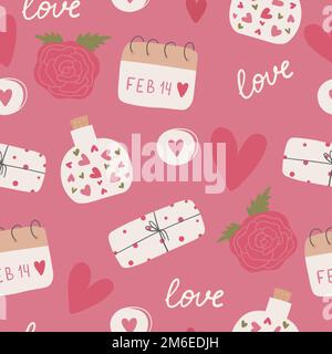 Nahtloses Muster mit roten Herzen, Liebeserklärungen und mehr. Hintergrund zum Valentinstag mit Symbolen von Liebe, Romantik und Leidenschaft. Stock Vektor