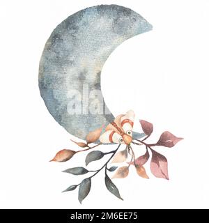 Aquarell handgezeichnete abstrakte Illustration von Motte, nächtlicher Schmetterling, Mond und Zweig von Blättern. Tatoo-mystische Ilustration. Stockfoto