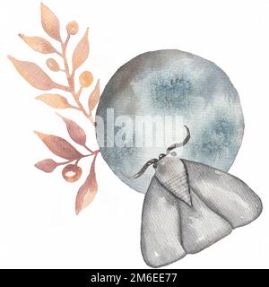 Aquarell handgezeichnete abstrakte Illustration von Motte, nächtlicher Schmetterling, Mond und Zweig von Blättern. Tatoo-mystische Ilustration. Stockfoto