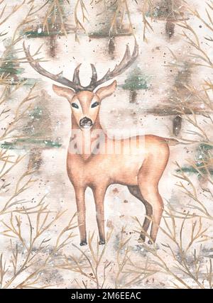 Wasserfarbene Winterkarte mit Hirschen und Zweigen im Wald, Illustration von weihnachten und Neujahr. Hirsch, weihnachtsbaum, Winterlandschaft. Zusammensetzung in Stockfoto