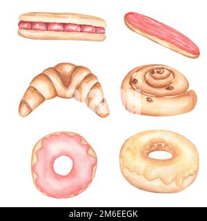 Aquarell, handgezeichnet, süßes Backwaren-Set. Eclair, Donuts mit Glasur, Croissant und Raisant Brötchen Illustrationen. Stockfoto