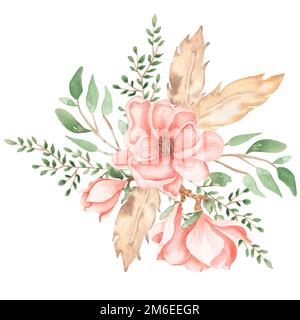 Aquarell handgezeichnete Pfingstrosen- und Magnolienblüten mit grünen Blättern, Federn und Ast. Hochzeitssträuße. Stockfoto