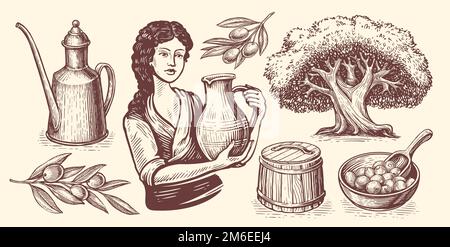 Olivenöl-Konzept. Gesunde Bio-Lebensmittel aus dem Bauernhof. Handgezeichnete Vektorskizzen im Vintage-Stil Stock Vektor