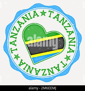 Logo der Tansania Heart Flag. Text mit Ländernamen um die Flagge Tansanias in Form eines Herzens. Fesselnde Vektordarstellung. Stock Vektor