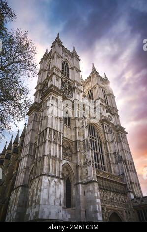 Sonnenuntergang über Westminster Abbey in London, Großbritannien Stockfoto