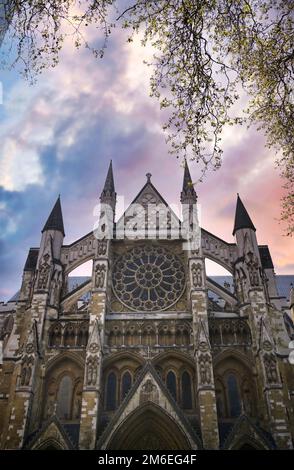 Sonnenuntergang über Westminster Abbey in London, Großbritannien Stockfoto