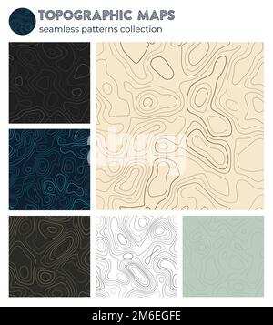 Topografische Karten. Beeindruckende isolierte Muster, nahtloses Design. Authentischer Fliesenhintergrund. Vektordarstellung. Stock Vektor