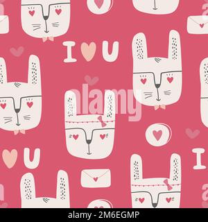 Nahtloses Muster mit roten Herzen, Liebeserklärungen und Kaninchen. Hintergrund zum Valentinstag mit Symbolen von Liebe, Romantik und Leidenschaft. Stock Vektor