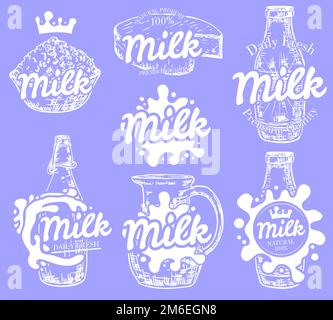 Vektorset mit klassischen Milchemblemen, Logos, Abzeichen und Etiketten Stock Vektor