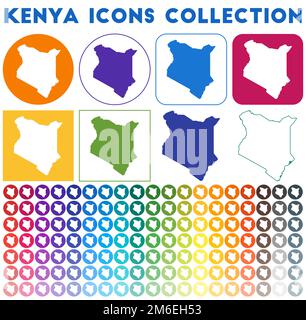 Kenia Icons Kollektion. Bunte, trendige Kartensymbole. Modernes Kenia-Abzeichen mit Landkarte. Vektorabbildung. Stock Vektor