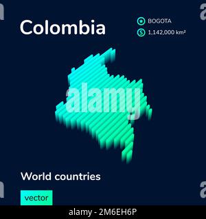 Stilisierte izometrische Vektorkarte 3D von Kolumbien in Neon-Minz-Türkis auf dunkelblauem Hintergrund. Poster zur Geografie-Studie, Infografik. Stock Vektor