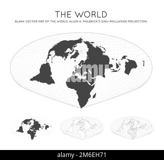 Weltkarte. Allen K. Philbricks Sinu-Mollweide-Projektion. Kugel mit Breiten- und Längengradlinien. Weltkarte auf Meridians und Parallels Backgr Stock Vektor