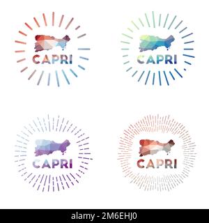 Capri Low Poly Sunburst Set. Logo der Insel im geometrischen Polygonstil. Vektordarstellung. Stock Vektor