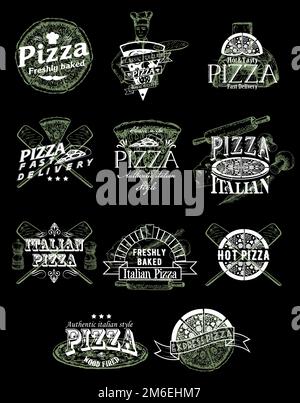 Vektorset mit klassischen Pizza-Emblemen, Logos, Abzeichen und Etiketten Stock Vektor