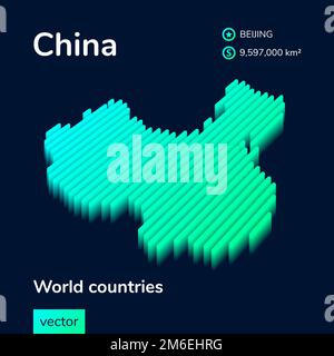 Stilisierte, isometrische Neon-China-Karte mit gestreiftem Vektor und 3D-Effekt. Die Karte von China ist in Grün und Mintgrün auf dunkelblauem Hintergrund Stock Vektor