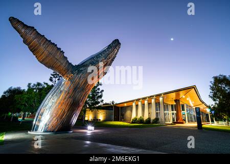 Skulptur von Nala, dem Buckelwal, flutet am Abend vor der Fraser Coast Regional Gallery. Hervey Bay Qld Australien Stockfoto