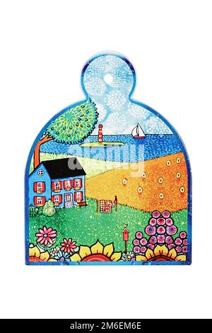 Farbige Schneidebretter aus Holz oder Keramik auf weißem Hintergrund für Brot und Aufschnitt. Ideal als Geschenk Stockfoto