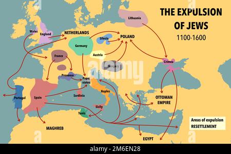 Karte der Vertreibung von Juden und ihrer Neuansiedlung zwischen 1100 und 1600 Stockfoto
