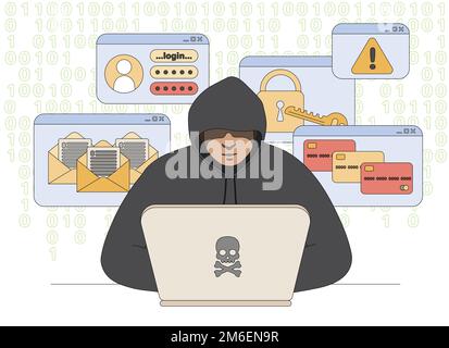 Hacker in schwarzer Kapuze mit Laptop, der private persönliche Daten, Benutzeranmeldung, Kontopasswort oder Dokumente im Internet stiehlt. Betrug, Hacking oder Phishing – das einfache Konzept der Cyberkriminalität. Diebstahl oder Angriff im Netzwerk. Stock Vektor