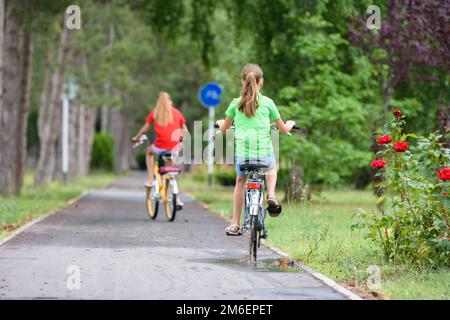 Zwei Freundinnen fahren mit dem Fahrrad entlang der Wege im Park, Blick von hinten Stockfoto