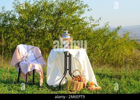 Auf dem Feld unter den Büschen ist ein Tisch mit einem Samowar und Obst, daneben ist ein Stuhl Stockfoto