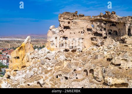 Cavusin ruinierte Felsendorf in Kappadokien, Türkei. Stockfoto