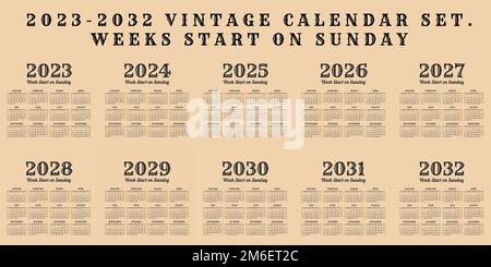 Kalender im Vintage-Stil für die Jahre 2023-2032 Stock Vektor
