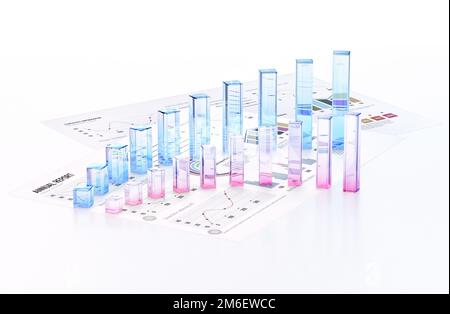Grafik zu Finanzgeschäften, Infografiken zu Umsatzstatistiken, die auf dem Schreibtisch angezeigt werden. Börse, Investmentgeschäft, Forex Trading Analytics, Bankwesen Stockfoto