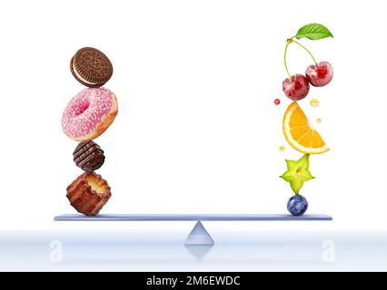 Ein Stapel frischer reifer Früchte und Beeren gegen ungesundes Fast Food isoliert auf weißem Hintergrund. Gesundes Leben, richtige Ernährung, Gewichtsverlust, ausgewogene di Stockfoto