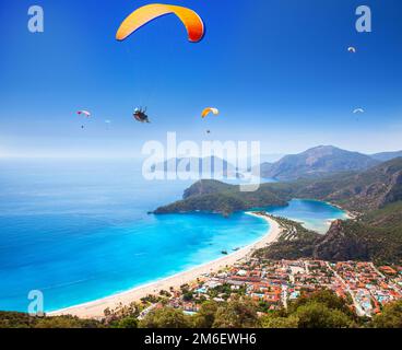 Die Blaue Lagune in Oludeniz aus der Vogelperspektive Stockfoto