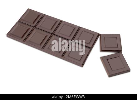 Dunkler Schokoriegel mit zwei zerbrochenen Quadraten, isoliert auf weiß, mit Beschneidungspfad, Kopierbereich Stockfoto