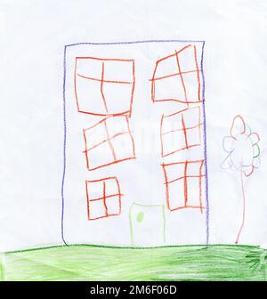 Kinderzeichnung eines mehrstöckigen Gebäudes mit Bleistiften Stockfoto
